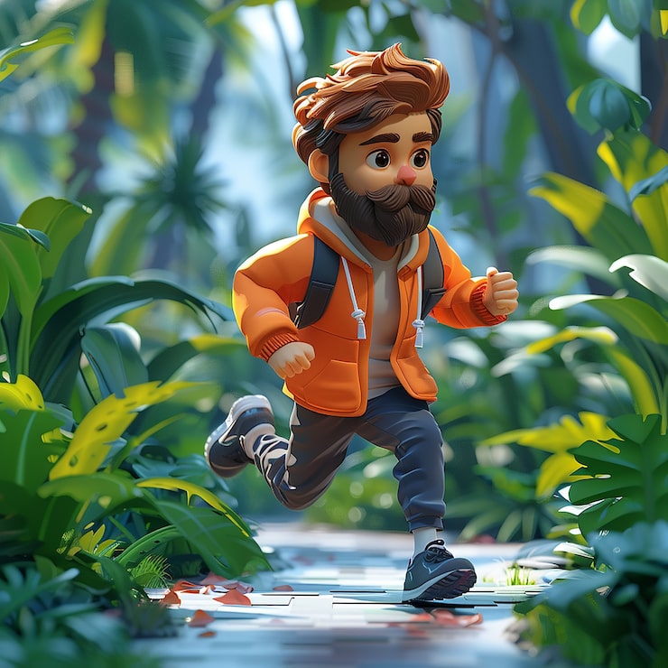 Cartoon character running through a jungle